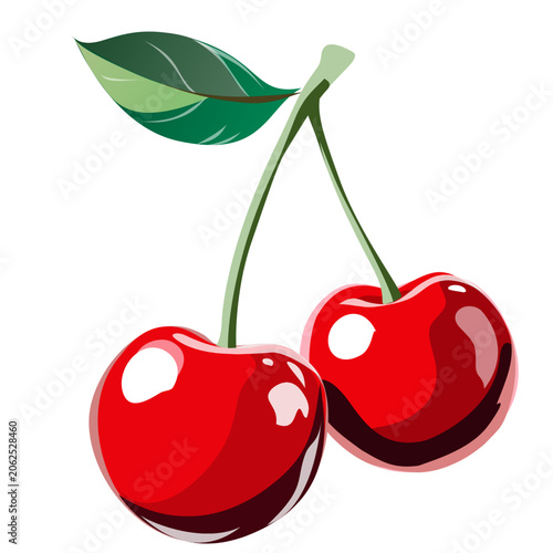 Fresh pair of glossy red cherries with green stem and leaf vector illustration isolated on white background. Perfect for food design.