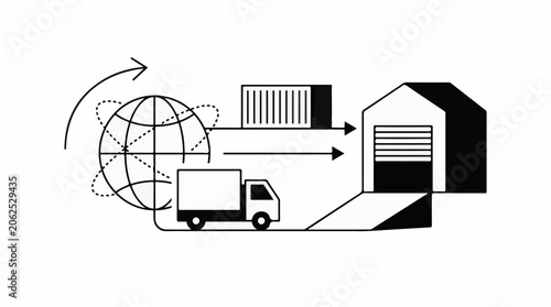 A truck transports goods from a worldwide location to a warehouse