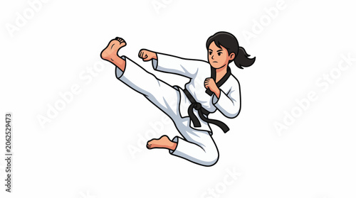 A woman in a white martial arts uniform with a black belt kicks her leg