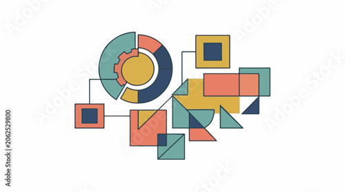 Colorful geometric shapes and pie chart on white background
