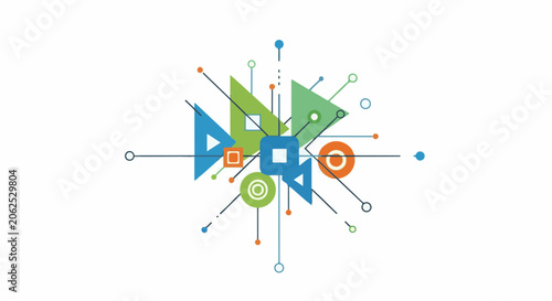 Colorful geometric shapes with lines and circles on white background