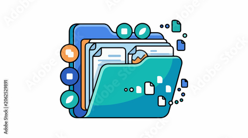 Colorful illustration of a folder with documents and icons