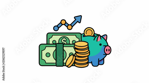 Colorful illustration of a piggy bank with coins and bills