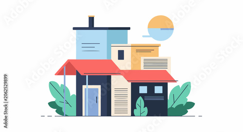 Colorful illustration of a small house with larger buildings behind