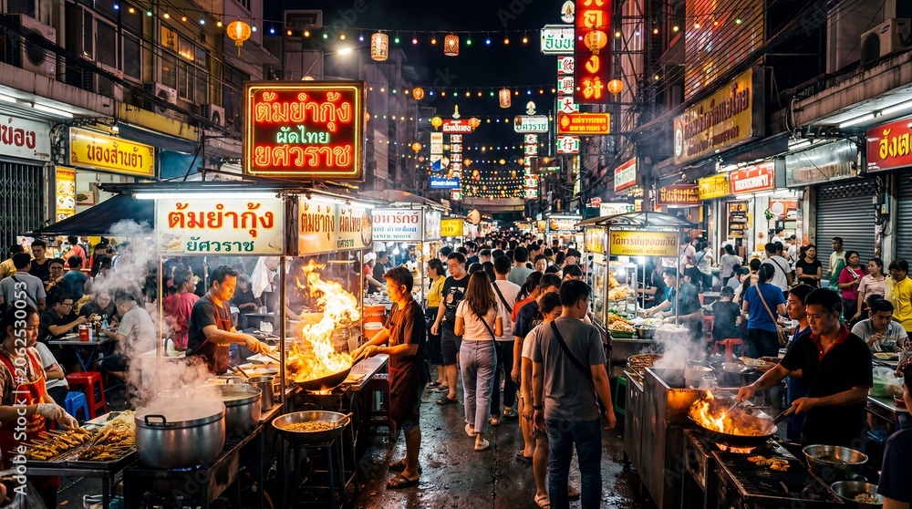 Fototapeta premium Yaowarat Chinatown Bangkok street food night market Thailand neon signs crowd travel scene about urban dining tourism local culture and vibrant evening life for travel culture tourism