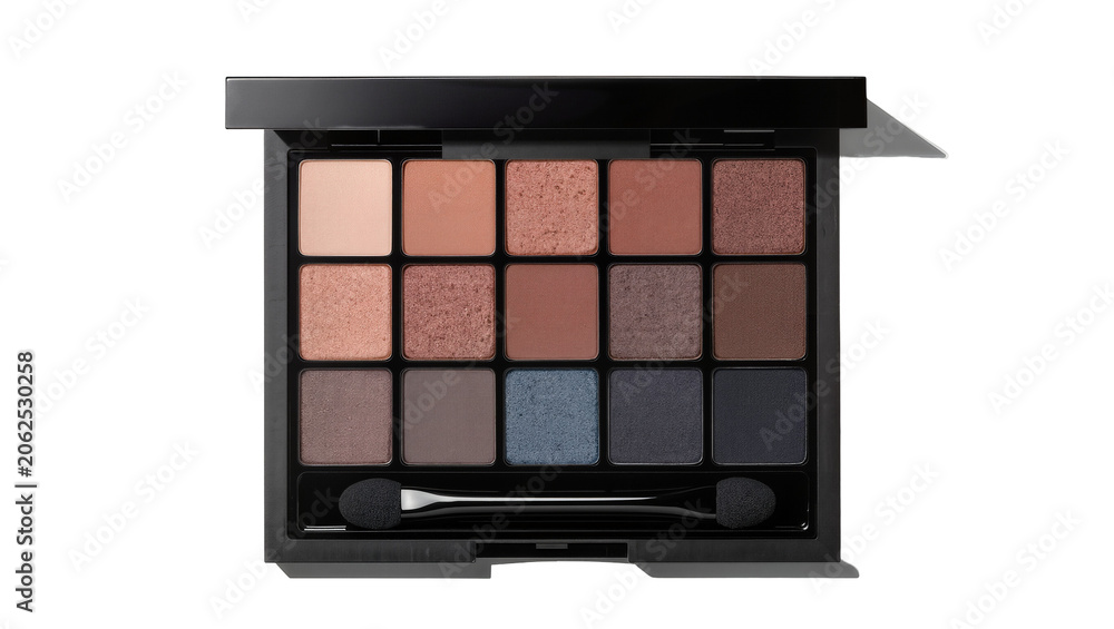 Fototapeta premium Eyeshadow palette with fifteen neutral and blue shades and applicator
