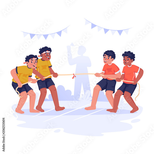Children Competing in Traditional Tug of War Game During Independence Day Celebration Vector Illustration