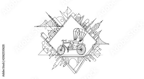 Konstfotografi Retro Auto Rickshaw Silhouette with Global Landmarks in Geometric Frame
