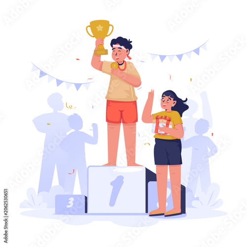 Boy Champion Standing on Winner Podium Holding Trophy and Medal Vector Illustration