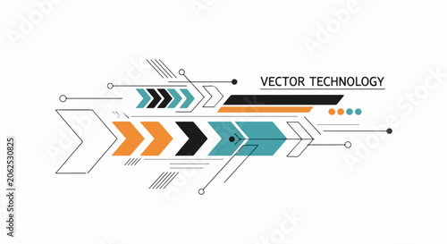 Modern vector graphic illustration with arrows and lines in orange, teal, and black
