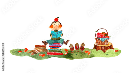 Quadro su tela 本を読んで読書の秋を楽しむ可愛い子どもとどんぐりの手描き水彩イラスト
 Cute hand-drawn watercolor illustration of a