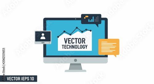 Vector technology graphic on computer monitor with chat bubbles