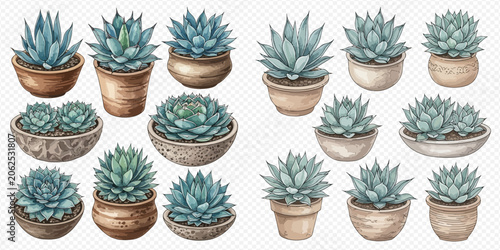 Foto Watercolor collection of potted succulents and agave plants, perfect for botanical designs and home decor