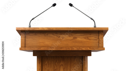 Картината върху платно Wooden podium with two microphones for public speaking