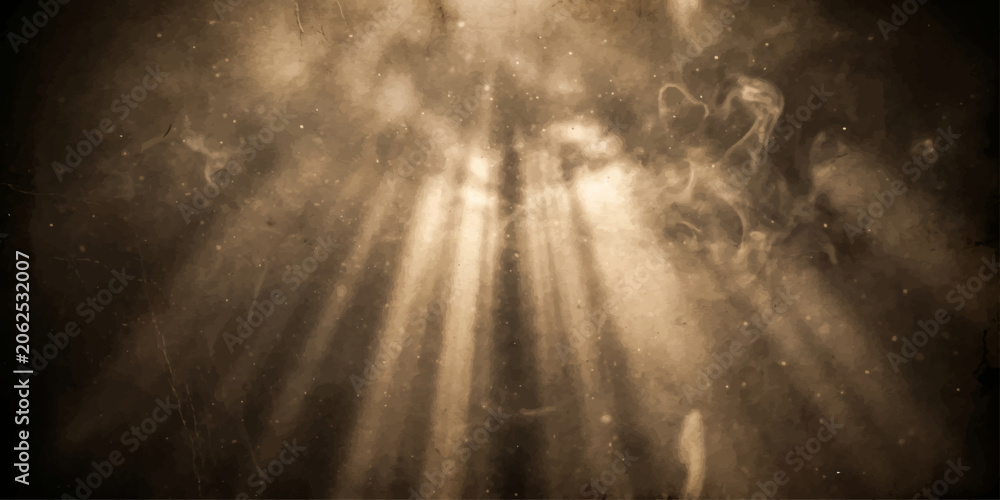 Naklejka premium Sun rays through forest and window in dark stormy nature with clouds fog and abstract light background