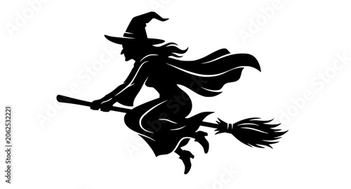Schilderij op canvas Halloween Witch Silhouette Flying on Broomstick Vector Illustration Isolated on