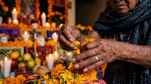 dayofthedead mexican elderly hands ofrenda altar marigold remembrance tradition family detailed closeup seasonal scene about careful altar offering placement and ancestral family remembrance for