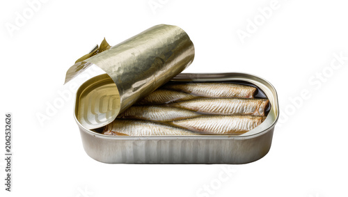 Photography Open tin can with sardines packed tightly inside