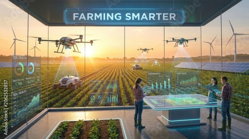 Smart farming technology concept with drones monitoring crops and data analysis in a futuristic landscape