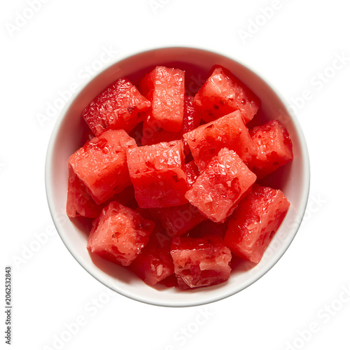 Fresh Watermelon Cubes in White Bowl, Top View, Refreshing Summer Fruit Snack