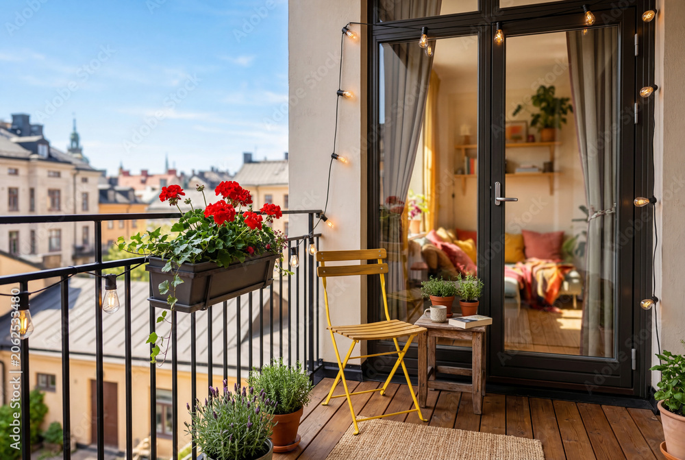 Obraz premium Cozy apartment balcony with yellow chair and string lights