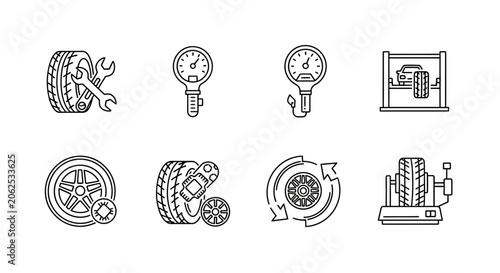 Car Tire Service Icons Vector Set: Repair, Pressure, Alignment, Balancing