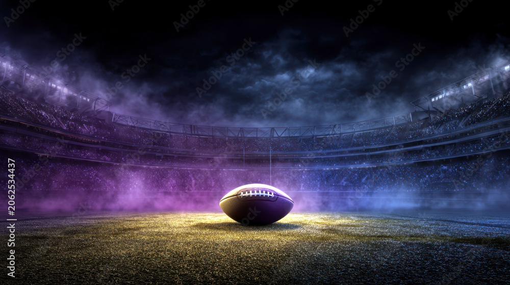Obraz premium American football ball on a lit stadium field at night with smoke and dynamic bright spotlights background, large empty arena with dramatic purple and blue atmospheric mist illustration