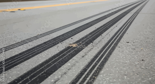 Tire marks on asphalt road, evidence of braking, street details