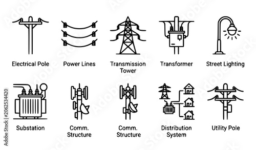 Energy and utility infrastructure vector icon collection electrical power symbols