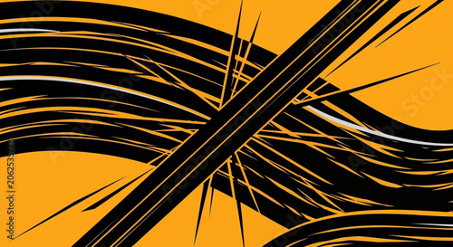 Abstract Black Brush Strokes on Orange Yellow Background, Dynamic Lines