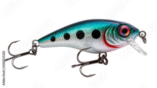 Фотография Realistic fish-shaped fishing lure with treble hooks and iridescent scales