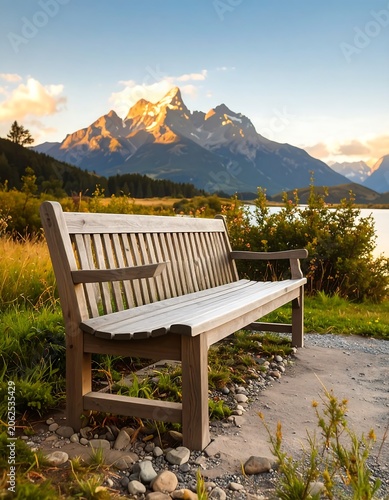 Wooden bench at the lakefront with mountains in the background
