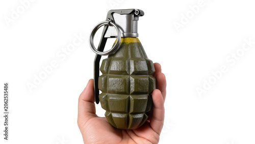 Fotografia Hand holding olive green fragmentation grenade with metal pin and ring
