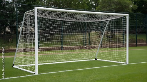 Soccer goal in the green field with a sturdy metal frame and woven white net. The overall composition highlights outdoor sports, competition, and football training equipment.