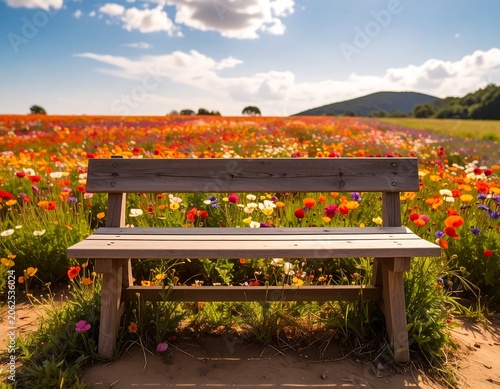 Wooden bench in a colorful flower field