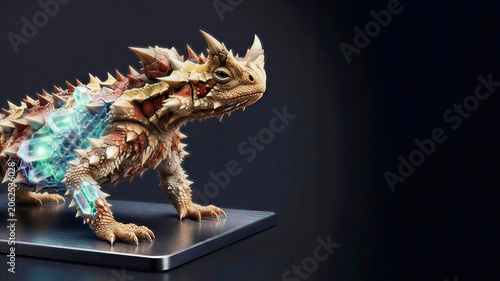 Conceptual illustration of a thorny devil lizard morphing into a solid state lithium battery lattice against a dark charcoal background with copy space