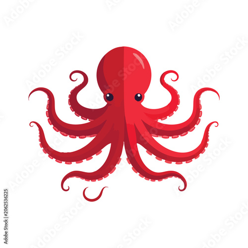 A flat vector illustration of a red octopus with eight tentacles on a white background.