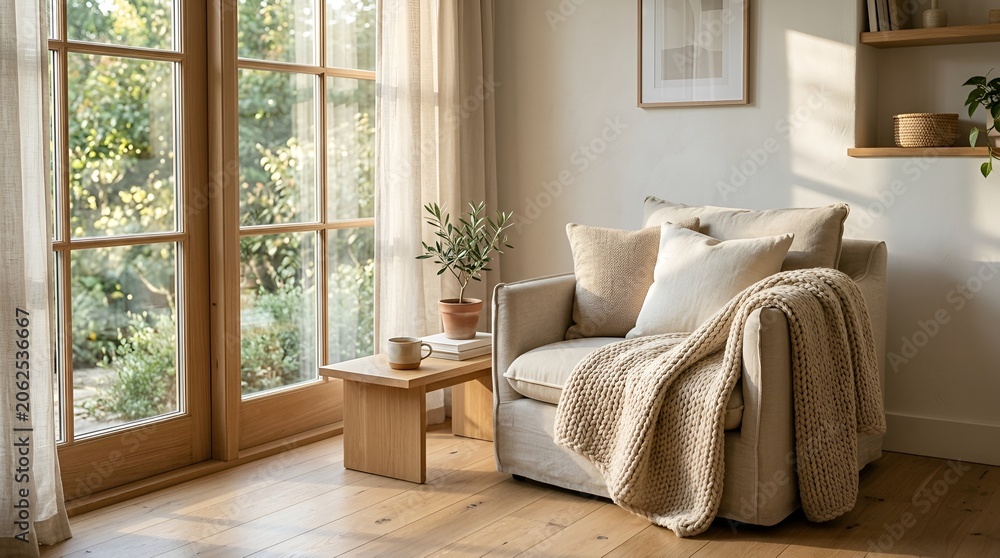 Fototapeta premium Cozy armchair with throw blanket by sunlit window in modern living room.
