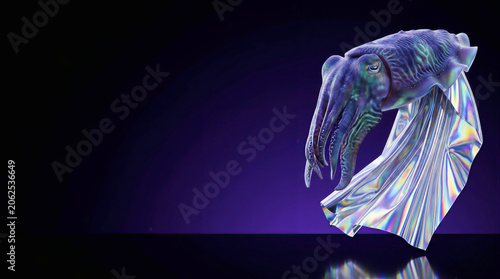 Surreal 3D holographic mylar foil cuttlefish hybrid against dark ultraviolet background with copy space