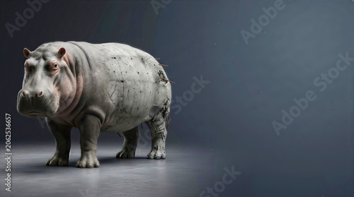 Surreal 3D brutalist concrete hippopotamus hybrid against storm grey background with copy space