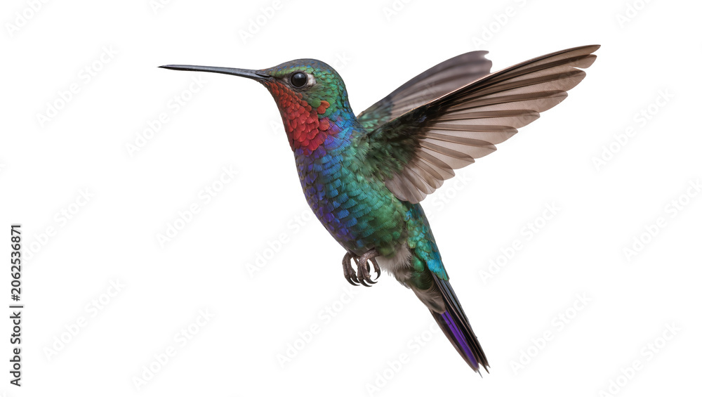 Fototapeta premium Hummingbird with iridescent green red, and blue feathers in flight