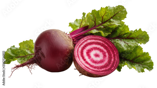 Принти на полотні Whole and halved Chioggia beet with green leaves