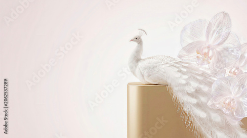 Surreal Albino Peacock and Crystalline Orchid Petal Hybrid with Massive Copyspace