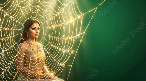 Divine Goddess Lakshmi Portrait with Macro Golden Web Dewdrops and Emerald Green Copy Space