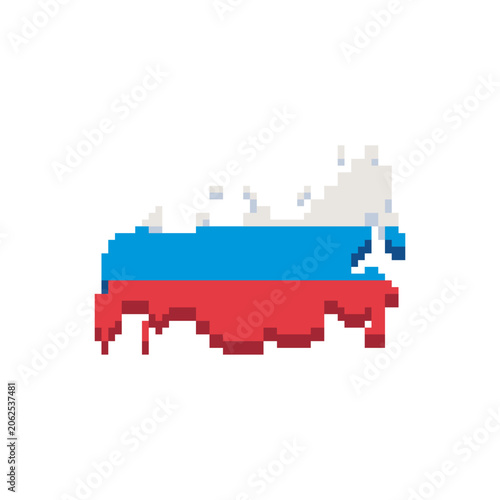 Pixel Art Russia Map Icon, Retro Russian Country Silhouette national flag colors. Retro geographic icon for strategy games, educational materials and travel projects.