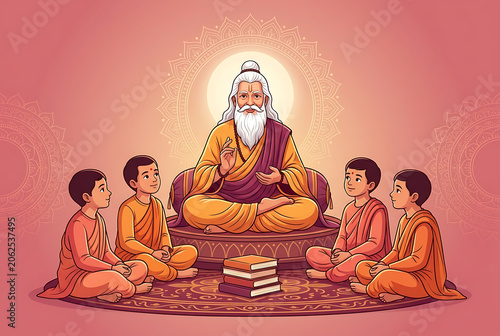 Beautiful vector art of indian master teaching four little boys sitting on floor rug during happy guru purnima festival sharing deep ancient gurudev religious knowledge