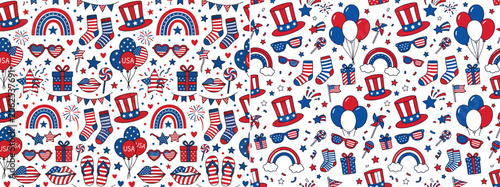 American Independence Day celebration elements scattered on white background with patriotic colors and festive motifs