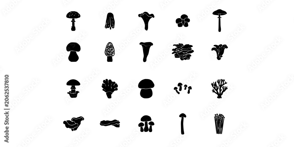 Fototapeta premium Mushrooms in Various Shapes and Sizes Depicted as Black Silhouettes on a White Background Featuring Nature, Fungi, Illustrations with Organic
