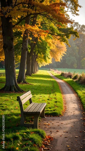 Wooden bench sits on verdant lawn beside a path lined with tall autumn trees displaying vibrant fall foliage