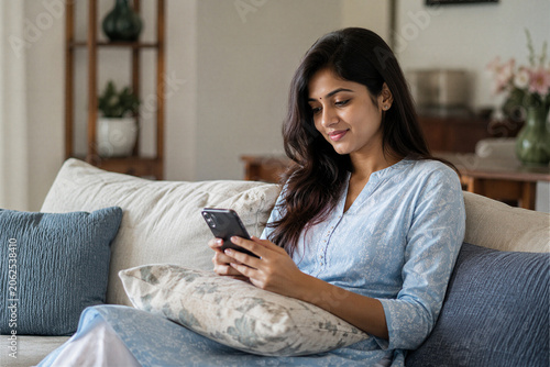 Young Indian Woman Using Smartphone While Relaxing on Sofa at Home